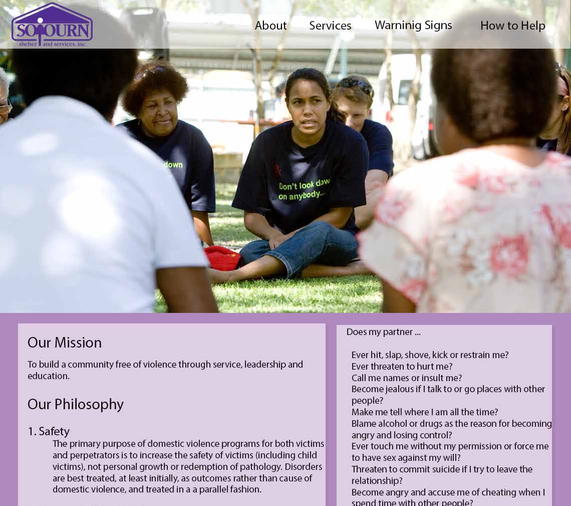student project of one page website featuring the non-for-profit Sojourn Shelter