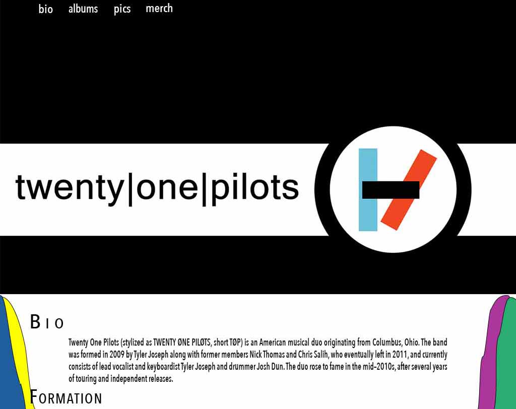 student project of a single page website featuring the band Twenty One Pilots